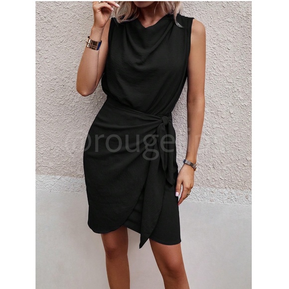 Black Crinkle Mini Dress Draped Neck Wrap Overlapping Side Tie Skirt - Picture 2 of 7